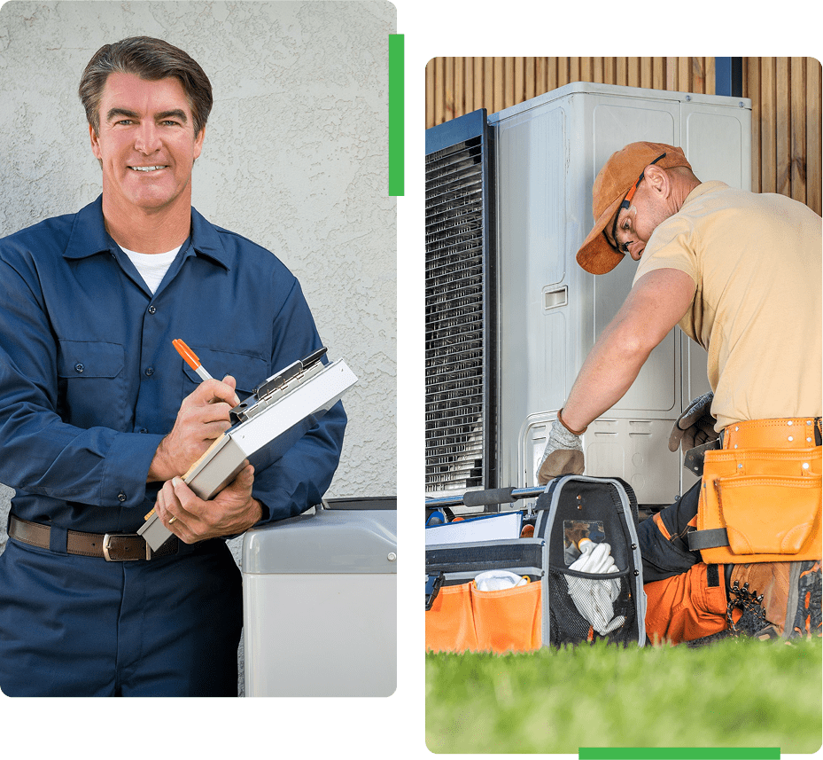 Group 32 (3) A man in blue work clothes holding papers next to an air conditioner.